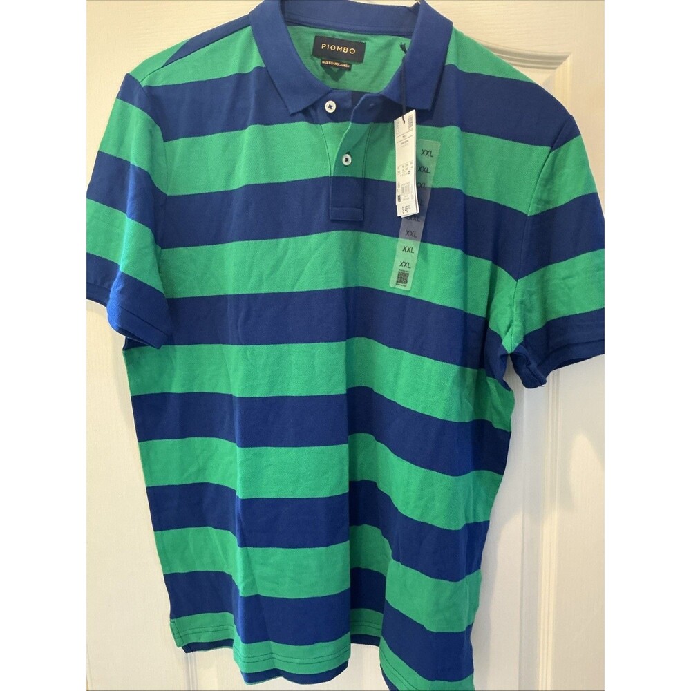 Piombo Men's Rugby Shirt Short Sleeve Cotton Stripe Polo Green Navy Preppy‎ XXL